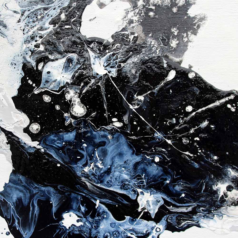 Detail image of Orbital abstract fluid acrylic painting with swirling black, white, and deep blue marbled patterns, splattered paint details, and textured canvas visible.