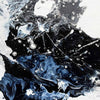 Detail image of Orbital abstract fluid acrylic painting with swirling black, white, and deep blue marbled patterns, splattered paint details, and textured canvas visible.