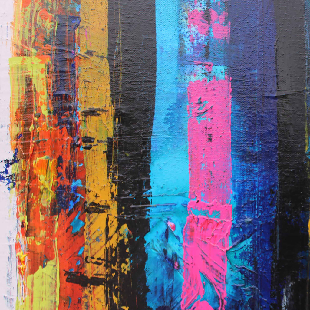 close up textured detail of abstract painting. Vertical stripe brush strokes with thick textured paint in black, blue, cyan, pink, yellow, orange and white.