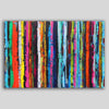 A colourful abstract canvas wall art painting featuring vertical textured paint strokes in a rainbow of vibrant colours including blue, pink, red, orange, yellow, green, and black, shown against a neutral grey background.