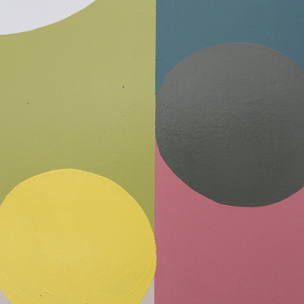 Abstract geometric wall art featuring overlapping circles in yellow, dark gray, and pink over a split background of olive green and teal.