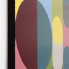 Abstract geometric wall art featuring overlapping circles and vertical color blocks in burgundy, teal, yellow, pink, blue, olive green, gray, and white.