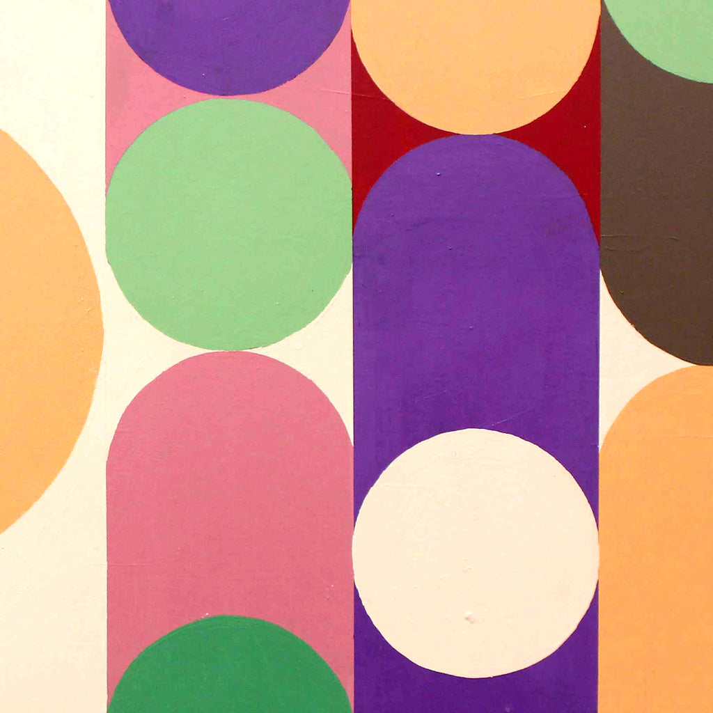 close up detail of abstract geometric painting from AW Modern Art featuring overlapping circles and arches in purple, pink, green, orange, red, brown, and cream on a light background.