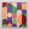 A square framed abstract geometric painting by Andy Watt at AW Modern Art featuring overlapping vertical and curved shapes in purple, green, orange, red, pink, brown, and cream on a light gray wall.