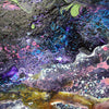 Malva Wave is an abstract fluid art painting featuring a cosmic, galaxy-like pattern with black, purple, blue, pink, white, and gold marbled textures.