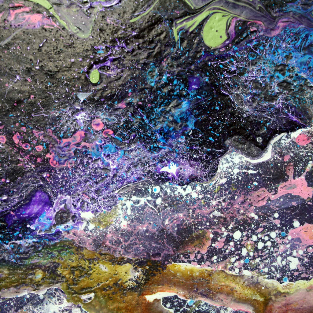 Malva Wave is an abstract fluid art painting featuring a cosmic, galaxy-like pattern with black, purple, blue, pink, white, and gold marbled textures.