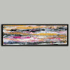 A black framed abstract canvas wave painting featuring horizontal brushstrokes of yellow, pink, black, white and grey, displayed against a solid light grey background.