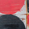 Abstract painting detail with bold red and black painted shapes, white negative space, and visible brushstrokes on a textured surface.