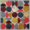 An abstract geometric painting featuring a grid of painted squares with large circles and semi-circles in red, yellow, gray, black, and white.