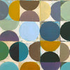 close up detail of abstract geometric painting featuring painted thick circles and half-circles in muted colours including teal, mustard, blue, olive, purple, brown, black, and cream on a grid of white squares.