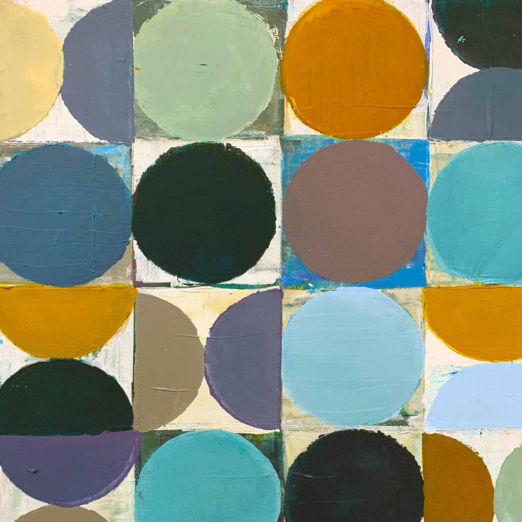 Abstract geometric painting featuring a grid of painted circles and half-circles in muted colors including teal, mustard, blue, olive, purple, brown, black, and cream.