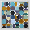 A framed abstract geometric painting featuring a grid of circles and squares in shades of blue, teal, purple, brown, black, and mustard yellow on a light background.