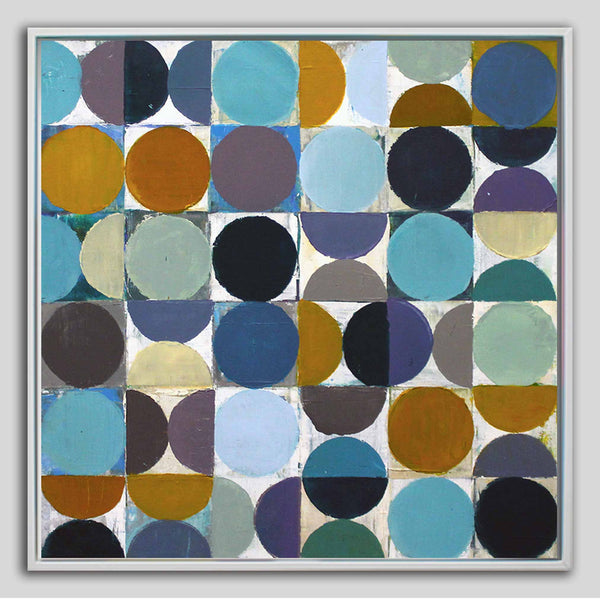 A framed abstract geometric painting featuring a grid of circles and squares in shades of blue, teal, purple, brown, black, and mustard yellow on a light background.