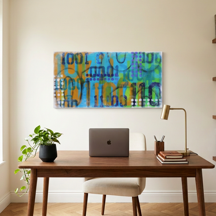 Binary is a colourful abstract canvas painting with blue, green, and orange patterns hangs on a beige wall above a wooden desk with a laptop, chair, lamp, and plant in a bright home office setting.