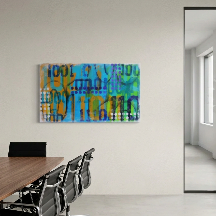 Binary - A large rectangular abstract canvas painting with blue, green, orange, and purple brushstrokes and black numerical patterns, displayed on a light grey wall in a modern office setting with a wooden conference table.