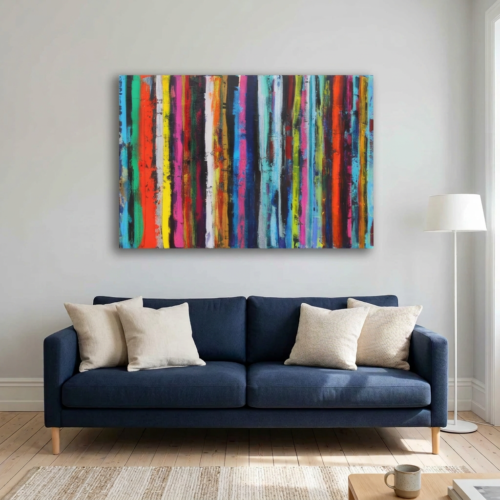 A colourful abstract canvas wall art painting featuring vertical brushstrokes in red, orange, yellow, green, blue, pink, and purple, displayed above a navy blue sofa in a modern living room setting.