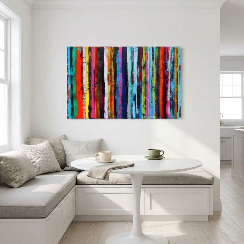 A colourful abstract canvas wall art painting featuring vertical streaks of red, orange, yellow, green, blue, and purple, displayed in a bright, modern living room above a white sectional sofa and round table.