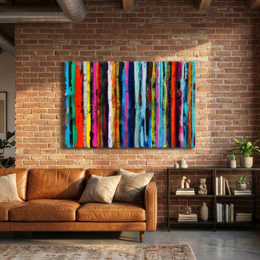 A large rectangular canvas painting featuring vertical multi-colored brushstroke stripes in red, orange, yellow, green, blue, purple, and pink, displayed on a brick wall above a brown leather sofa in a modern living room.