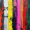Close up detail of abstract painting of vertical paint strokes in bright colours including orange, white, yellow, purple, pink, red, green, and black, with visible deep canvas texture and brush strokes.