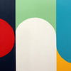Abstract geometric wall art painting featuring a large white arch shape over vertical blocks of dark navy, mint green, bright blue, and yellow, with a red oval partially visible on the left.