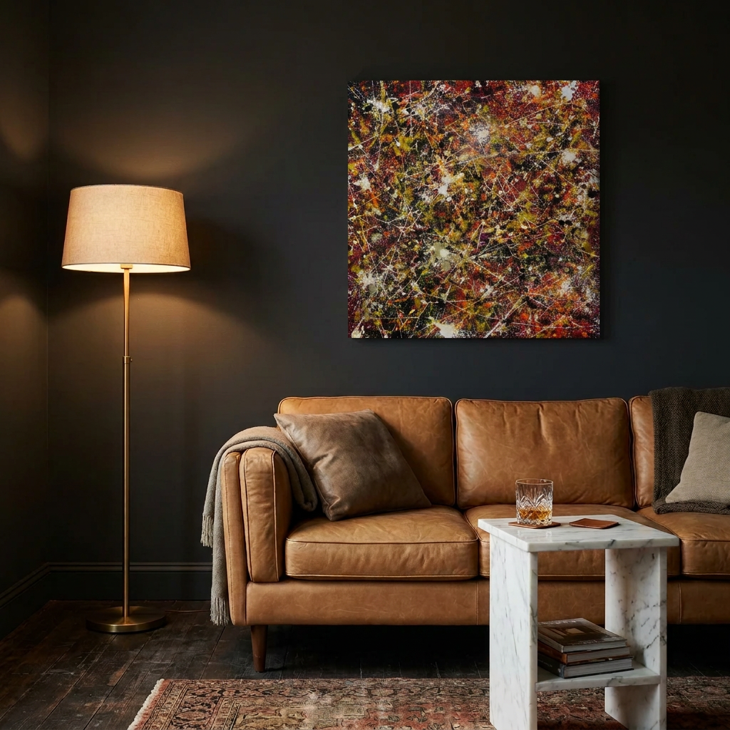 A large square abstract canvas painting with a multi-color splatter pattern hangs on a dark charcoal wall above a brown leather sofa in a styled living room setting.