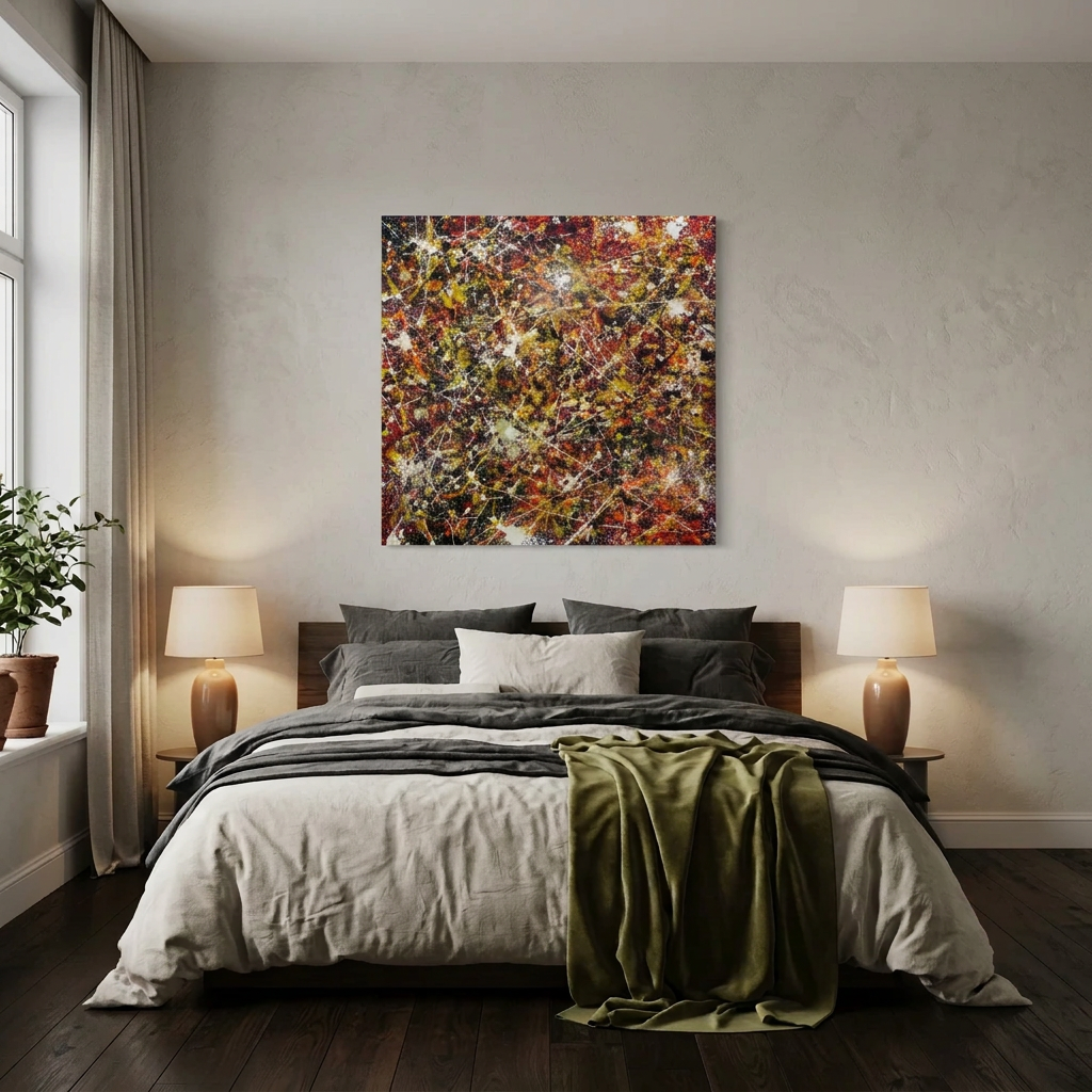 A large square abstract canvas painting with a vibrant splatter pattern in red, orange, yellow, black, and white, displayed on a textured light grey wall above a neatly made bed in a modern bedroom setting.
