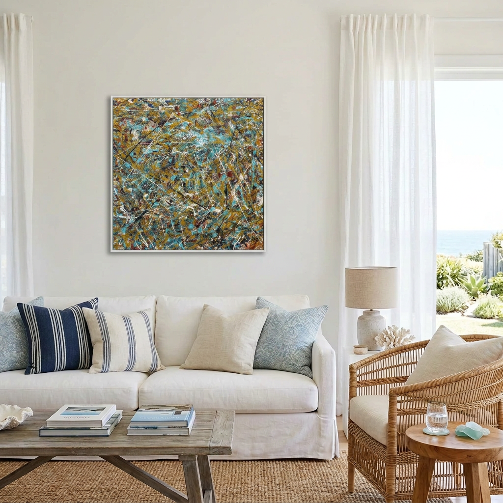 A large square abstract wall art painting with blue, gold, brown, and white brushstrokes hangs above a white sofa in a bright, modern living room with white curtains, a wicker chair, and a coffee table.