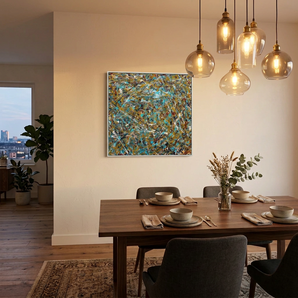 A large square abstract canvas painting with vibrant turquoise, gold, and brown paint strokes hangs on a beige wall above a wooden dining table set for a meal in a modern dining room.