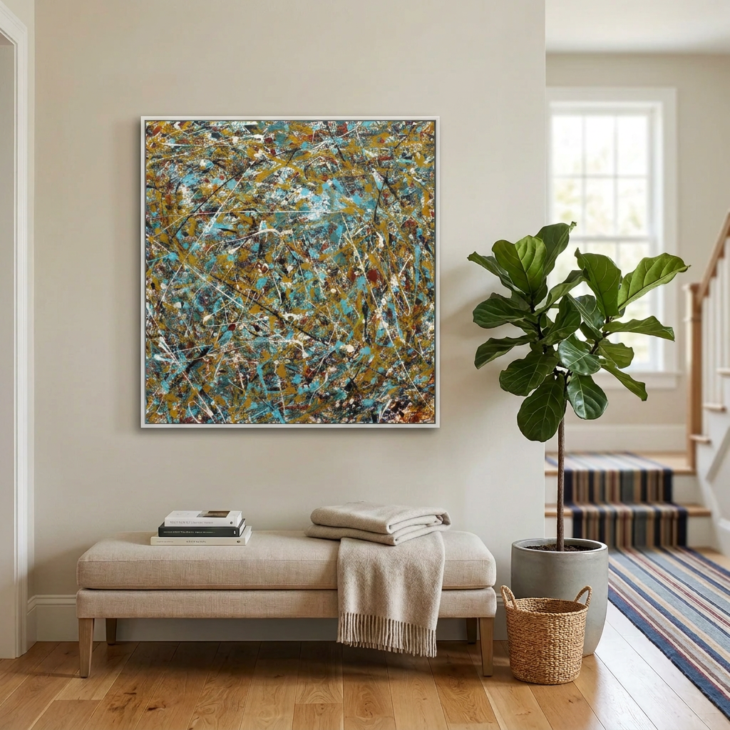 A large square abstract wall art painting with a white frame hangs above a beige bench in a bright living room. The artwork features an expressive abstract pattern in blue, gold, yellow, black, and white.