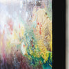 Close-up of an abstract textured painting with thick impasto brushstrokes in yellow, green, blue, red, white, and brown, with a dark vertical edge visible on the right.