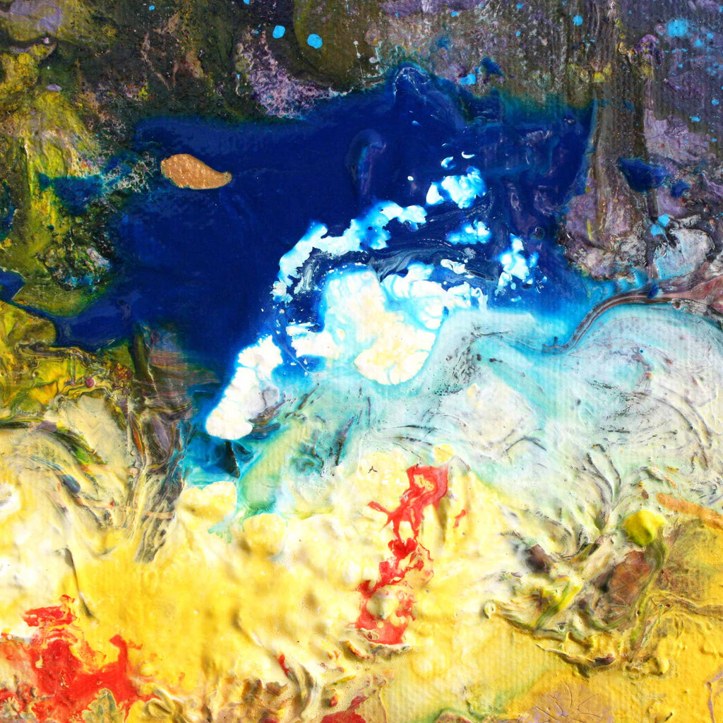 Abstract textured painting with swirling deep blue, white, yellow, green, red, and brown paint strokes.