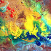 Abstract textured painting with thick impasto brushstrokes in yellow, green, blue, red, brown, and white, filling the entire frame.