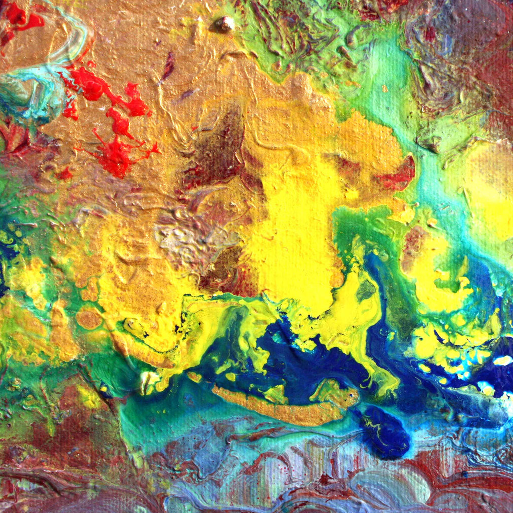 Abstract textured painting with thick impasto brushstrokes in yellow, green, blue, red, brown, and white, filling the entire frame.