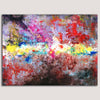 Abstract canvas wall art featuring a vibrant, textured impasto painting with splashes of red, pink, yellow, blue, purple, and white paint on a neutral light gray background.