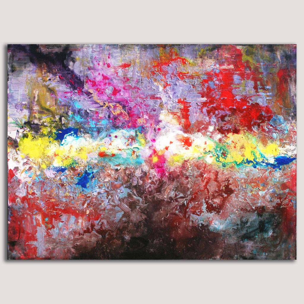 Abstract canvas wall art featuring a vibrant, textured impasto painting with splashes of red, pink, yellow, blue, purple, and white paint on a neutral light gray background.