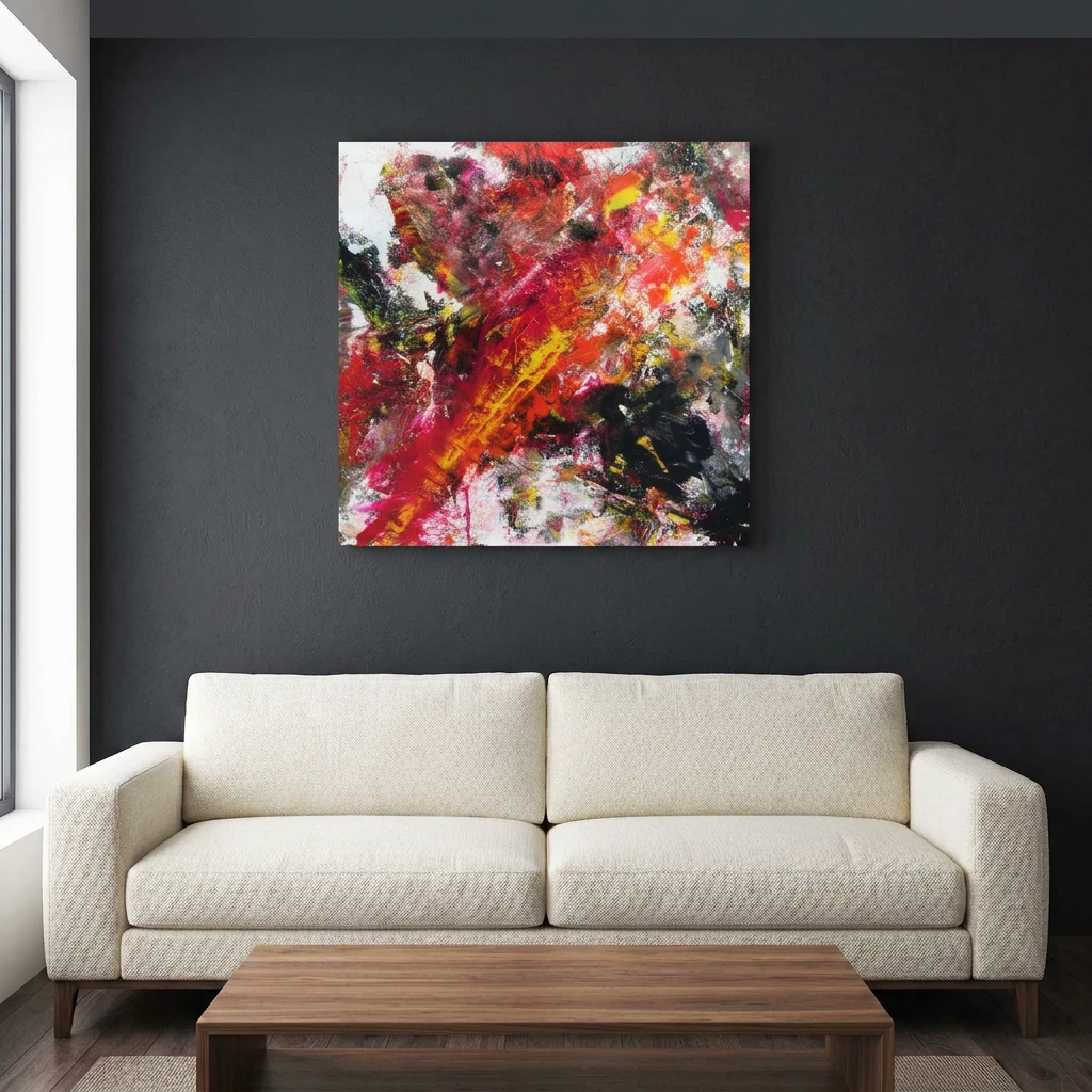 Fire Starter  - A large abstract canvas painting with vibrant red, orange, yellow, black, and white paint strokes, displayed on a dark charcoal wall above a modern cream coloured sofa.