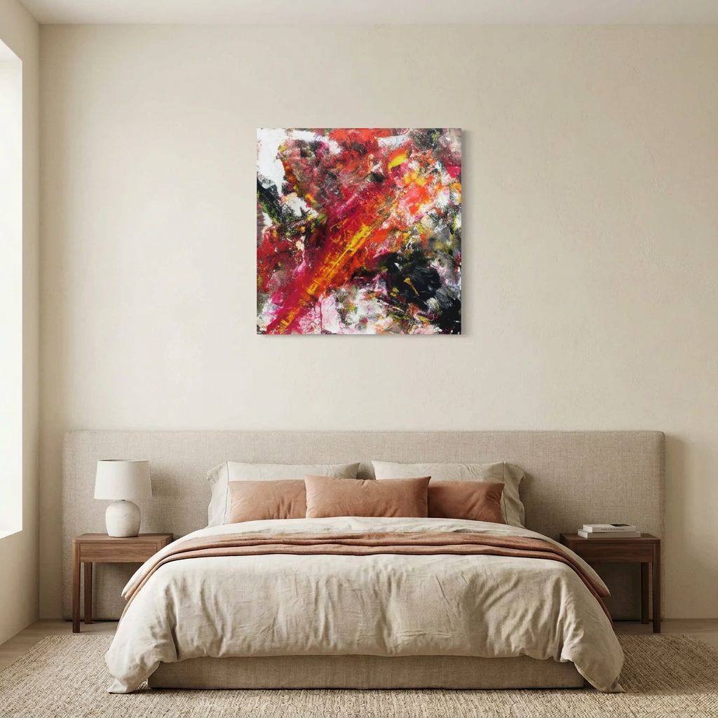 Fire Starter - A large square abstract canvas painting with vibrant red, orange, yellow, black, and white brushstrokes, displayed on a beige wall above a neatly made bed in a modern, minimalist bedroom.