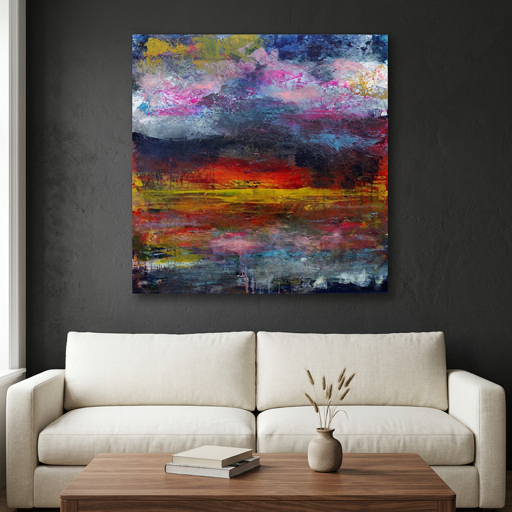 Flamingo Sunset - Abstract canvas wall art painting featuring a colourful sunset landscape with blue, purple, red, yellow, and black brushstrokes, displayed above a white sofa in a modern living room setting.