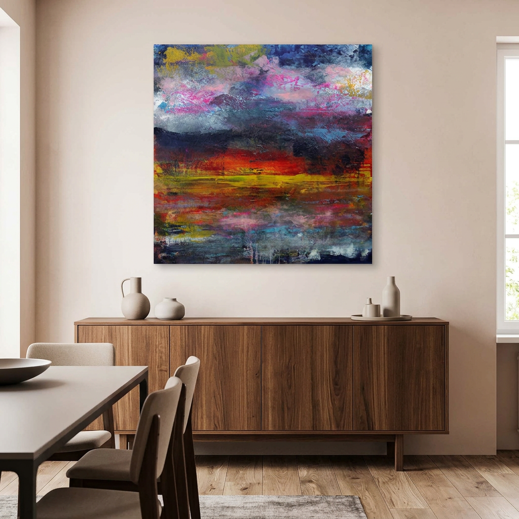 Flamingo Sunset - A colourful abstract canvas painting hangs on a beige wall above a mid-century modern wooden credenza in a dining room setting.