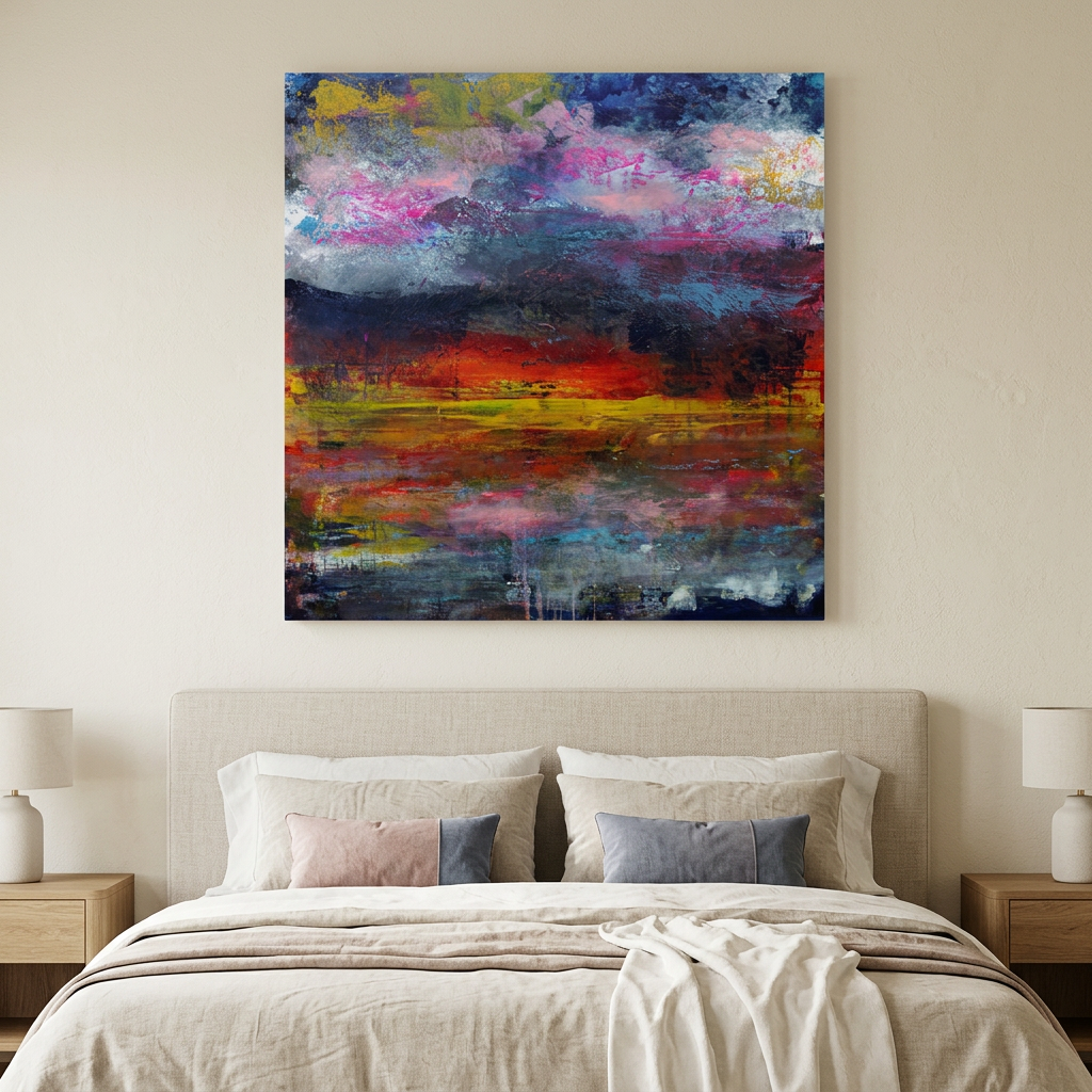 Flamingo Sunset - A square abstract canvas painting with a colourful sunset-like composition hangs on a beige wall above a neatly made bed with neutral bedding and bedside lamps.