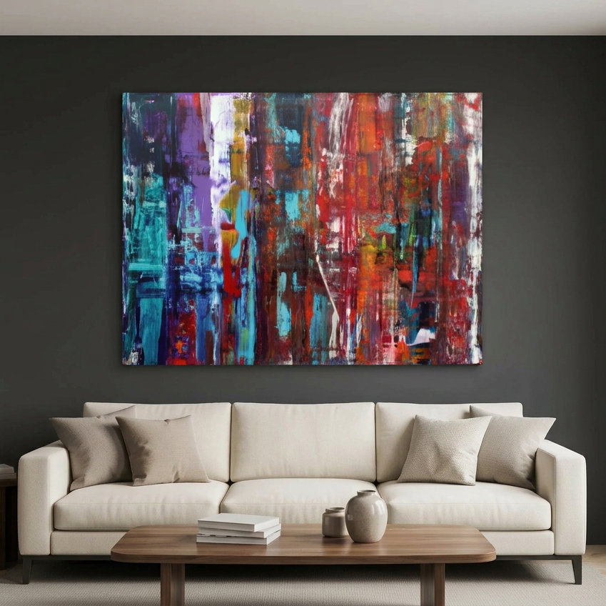 Fracture - A large abstract canvas painting with vibrant red, blue, purple, and white brushstrokes, displayed on a dark charcoal wall above a modern beige sofa with decorative pillows and a wooden coffee table.