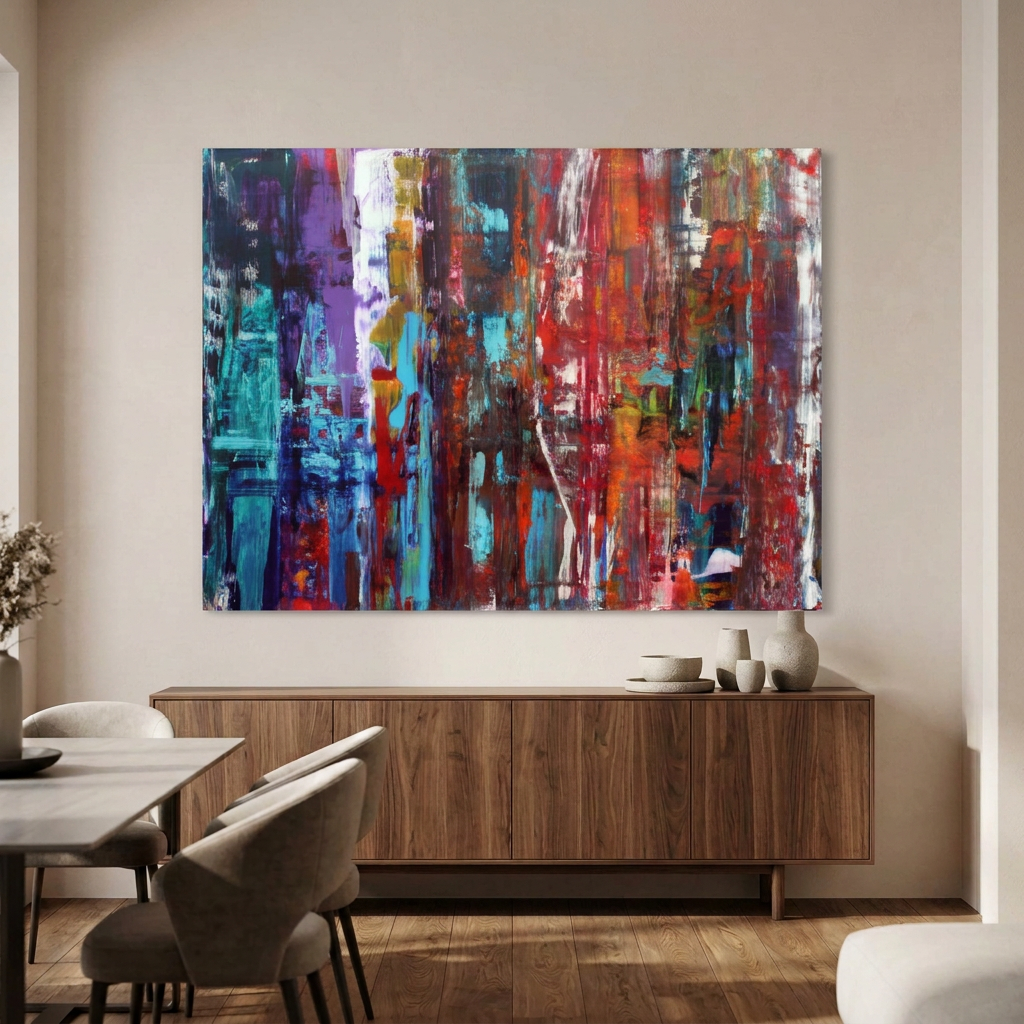 Fracture - A large abstract canvas wall art painting featuring vibrant vertical brushstrokes of red, blue, purple, white, and orange, displayed in a modern dining room setting above a wooden credenza.