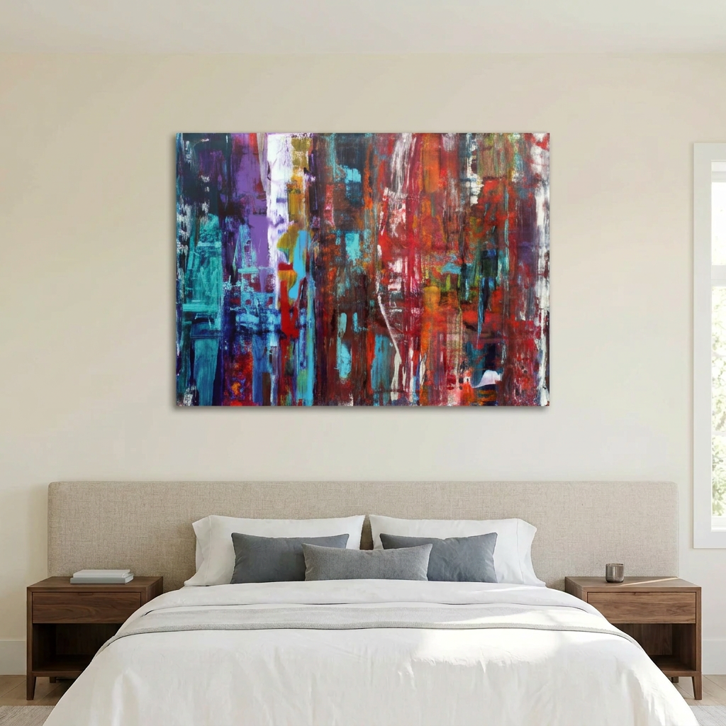 Fracture - A large rectangular abstract canvas painting with vertical brushstrokes in red, blue, purple, black, and white, displayed above a neatly made bed in a bright bedroom.