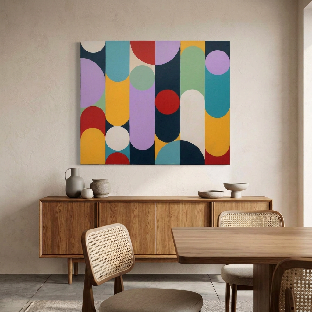 Geo Pop Lines No 1 - A colourful abstract geometric canvas painting hangs on a beige wall above a mid-century modern wooden credenza in a dining room setting.