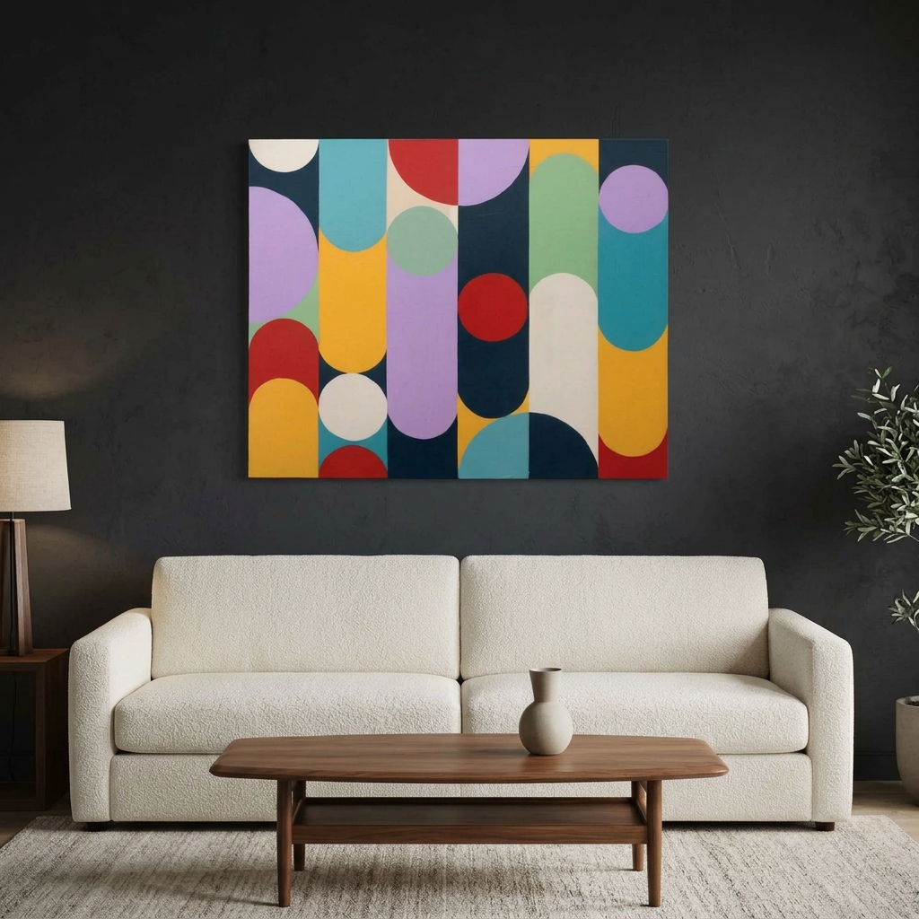 Geo Pop Lines No 1 - A colourful abstract canvas painting with vertical bars and overlapping circles in red, yellow, teal, purple, green, cream, and navy, displayed on a dark charcoal wall above a cream coloured sofa with a wooden coffee table in front.