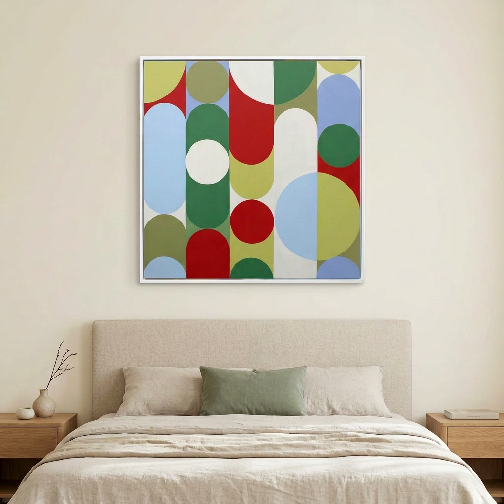 Geo Pop Lines No 2 - A square framed wall art painting with an abstract mid-century modern geometric pattern of overlapping circles and arches in red, green, blue, yellow, and white, hanging above a neatly made bed in a minimalist bedroom.