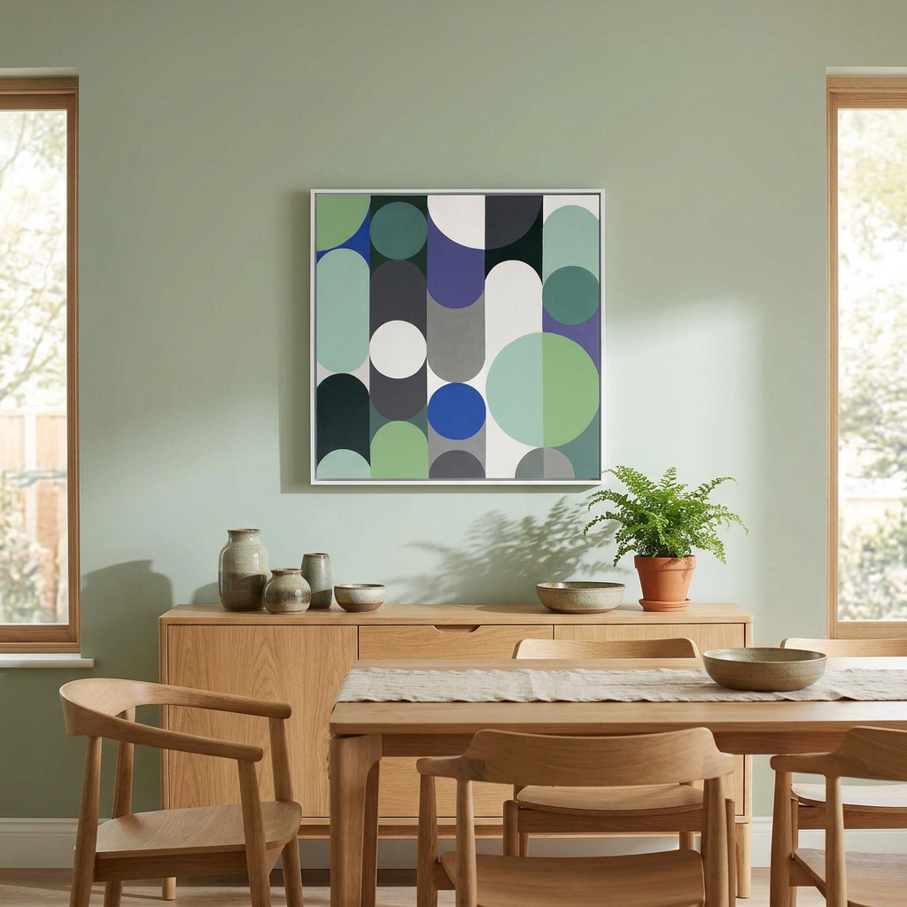 A large framed abstract wall art painting hangs above a wooden sideboard in a styled dining room. The artwork features overlapping vertical and circular geometric shapes in muted green, blue, purple, white, gray, and black.