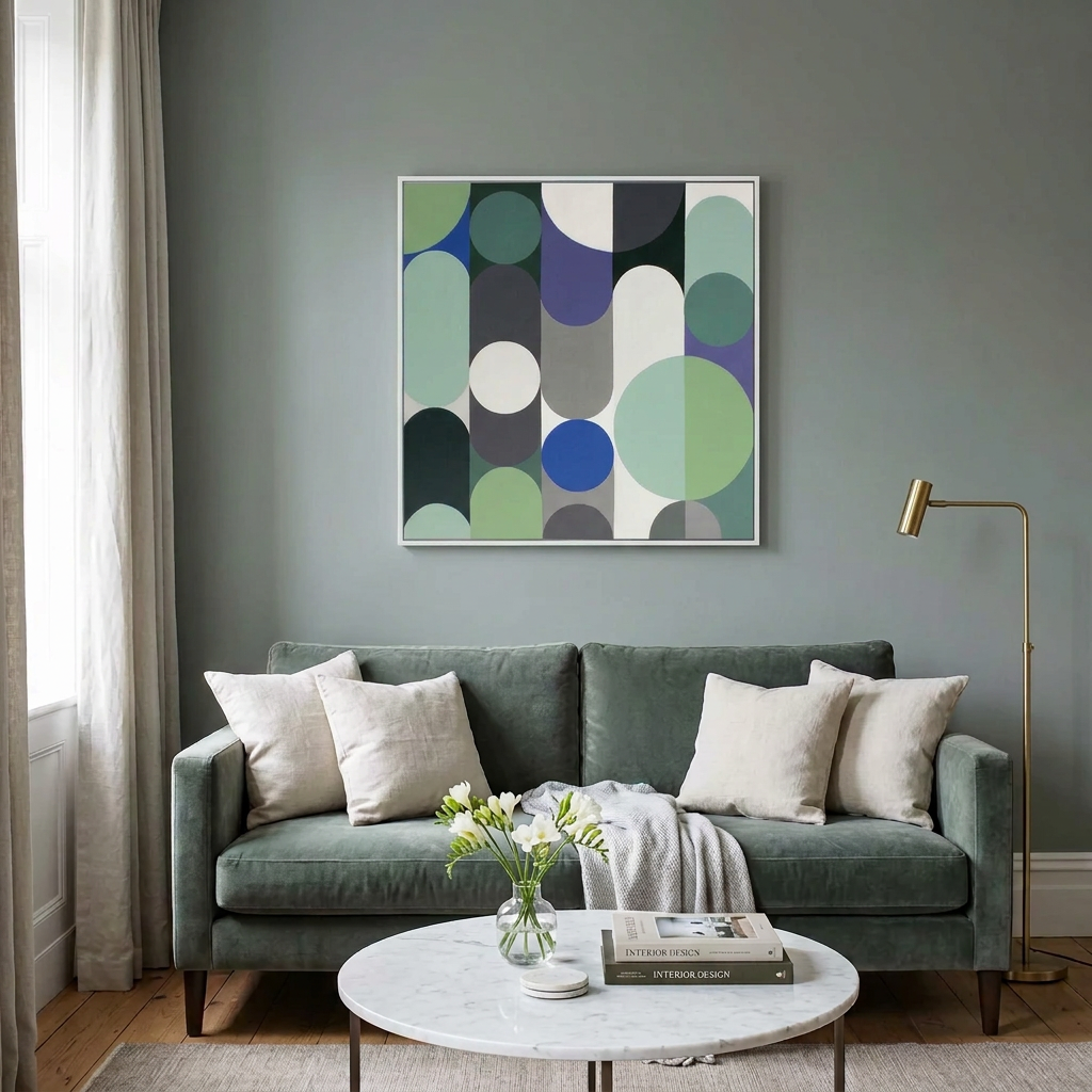 A framed abstract geometric wall art painting with overlapping circles in green, blue, purple, grey, and white, displayed above a green sofa in a styled living room.