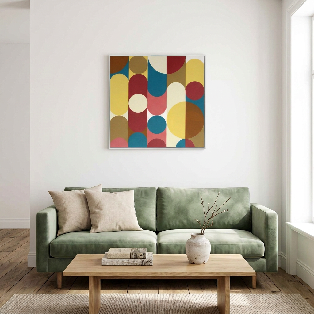 A framed abstract wall art painting with overlapping vertical oval and circular shapes in mustard yellow, teal blue, coral pink, rust red, tan, and cream, hanging above a green sofa in a bright living room.