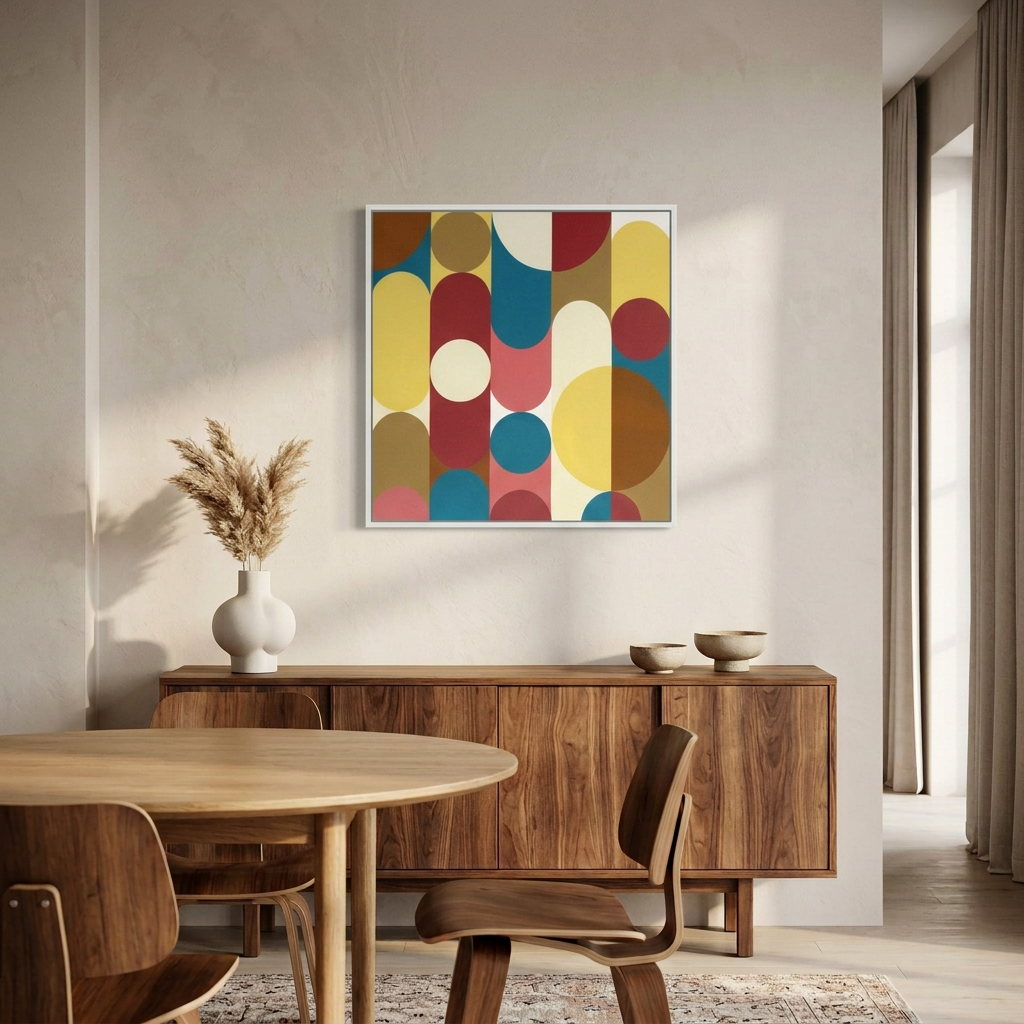 A framed abstract geometric wall art painting with large overlapping circles in yellow, blue, red, pink, and tan, displayed above a wooden sideboard in a modern dining room setting.